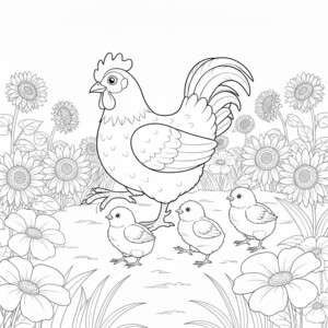 A mama chicken and her chicks in a flower meadow to color.