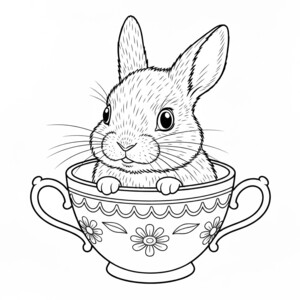 A cute baby rabbit in a tea cup coloring page