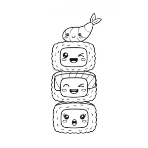 A tower of adorable sushi rolls with happy faces.