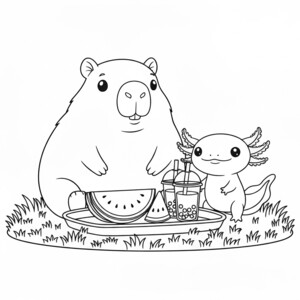 A capybara and axolotl sharing treats for coloring.