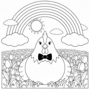 A chicken in a spring field with a rainbow to color.