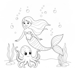 A cute mermaid and a friendly octopus swimming together underwater.