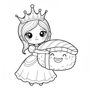 A kawaii princess holding a large sushi piece for coloring.