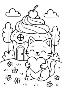Cat holding a heart infront of a cupcake house