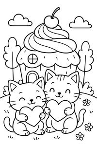 Two cats holding hearts infront of a cupcake house