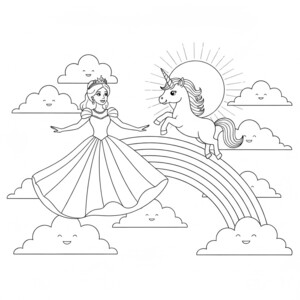 A princess and a unicorn jumping over a rainbow.