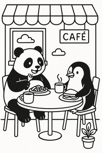 A panda and penguin enjoying a cozy café meal