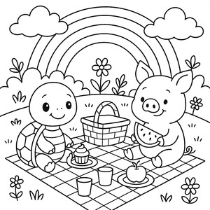 A turtle and pig sharing snacks under the colors