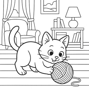 A cute little cat with a playful ball of yarn