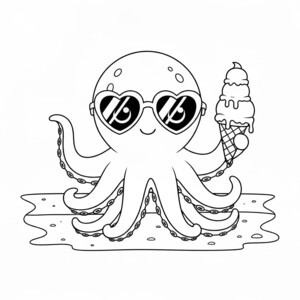 A cute octopus wearing heart sunglasses and holding an ice cream cone on the beach.