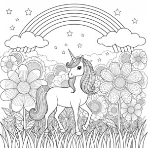 A magical unicorn in a spring flower field with a rainbow to color.