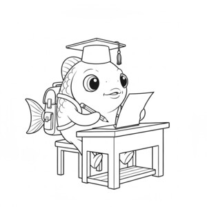 A cute fish with a backpack sitting at a school desk to color.