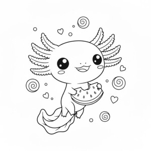 A kawaii axolotl holding a watermelon for coloring.