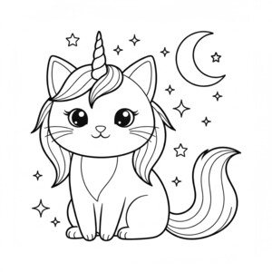 A cute caticorn sitting among stars for coloring.